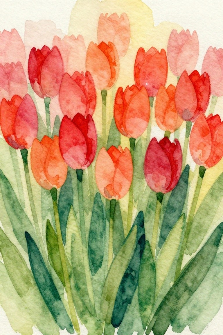 Watercolor painting of vibrant red, pink, and orange tulips with green leaves