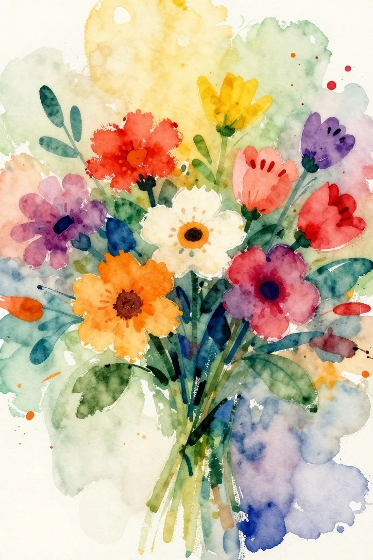 A watercolor painting of a colorful flower bouquet with red, orange, yellow, pink, and purple blooms and green stems against a soft multicolored background.