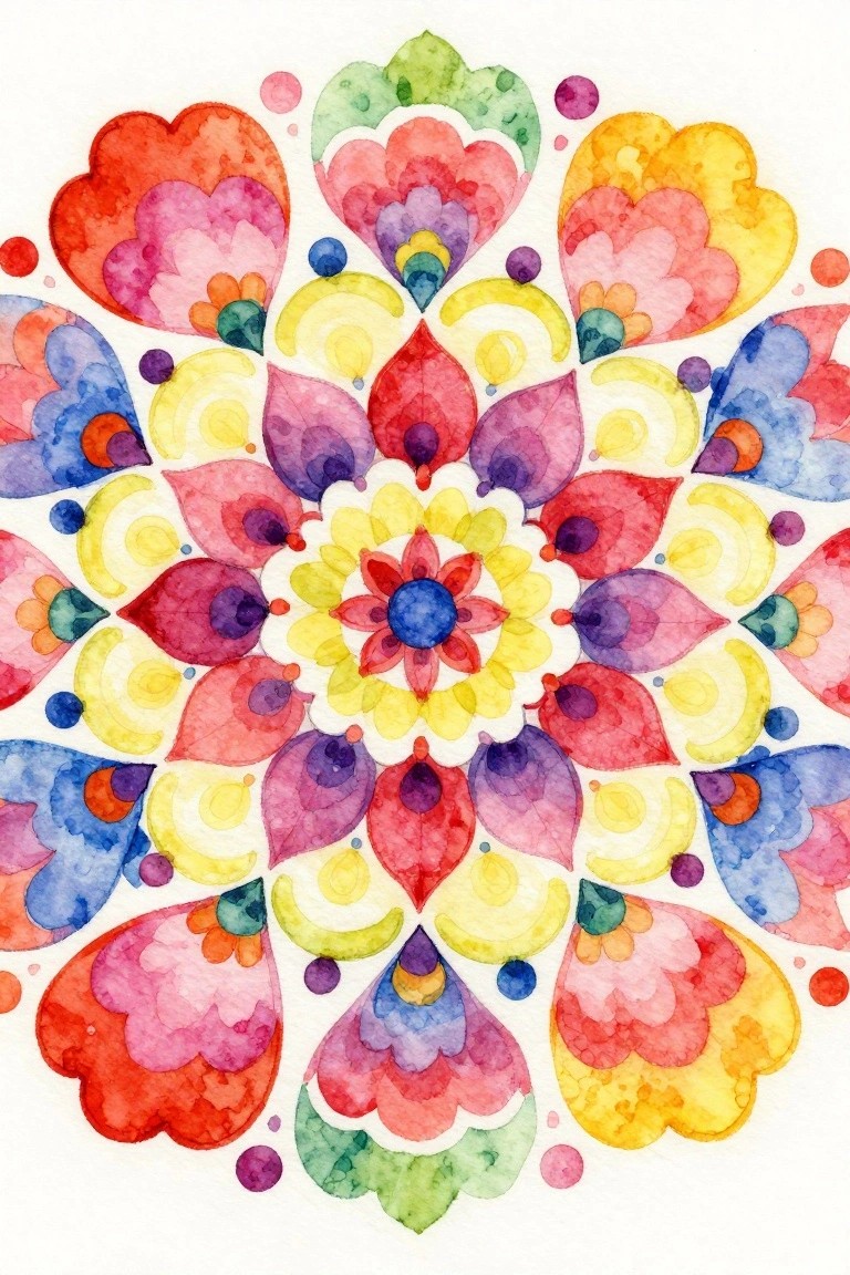 Vibrant watercolor mandala with layered heart petals in rainbow colors
