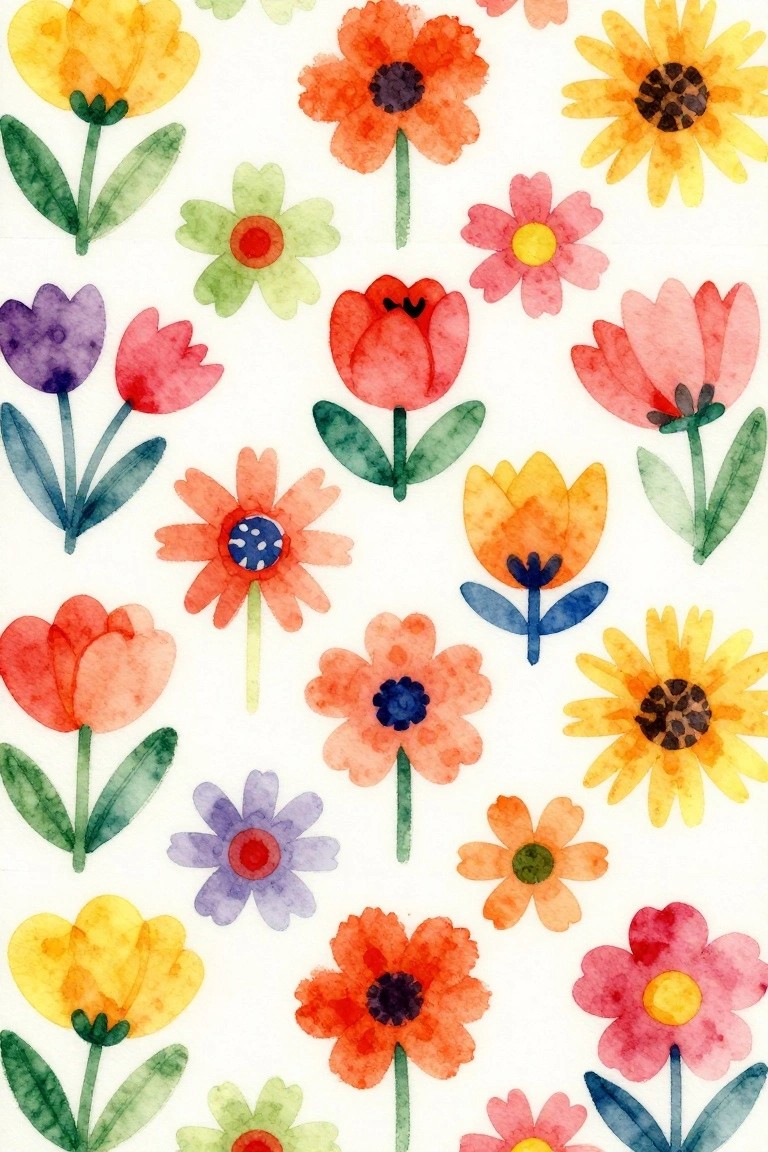 A white page covered with many different colorful flowers painted in a loose scattered style.