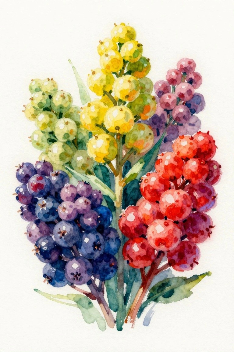 Watercolor painting of several berry clusters in green, yellow, purple, and red tones with green leaves on a white background.