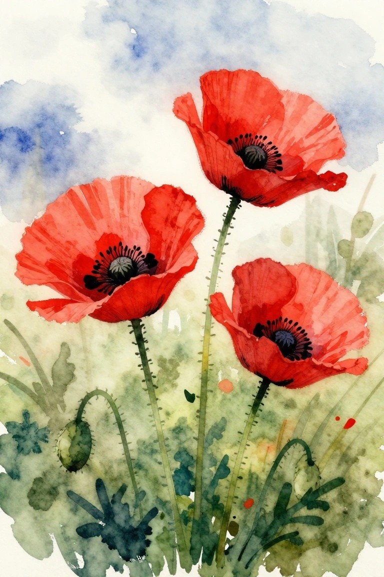 Three red poppies with dark centers bloom on green stems in watercolor style.