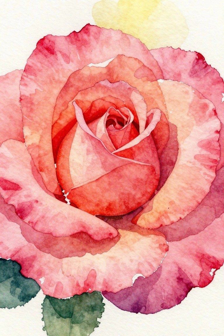 Watercolor painting of a blooming pink-red rose with layered petals and green leaves.