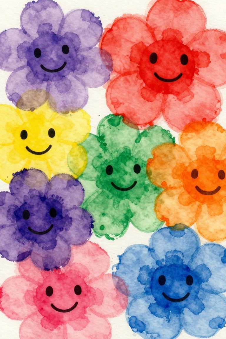 Colorful watercolor flowers with smiley faces scattered and overlapping on white paper.