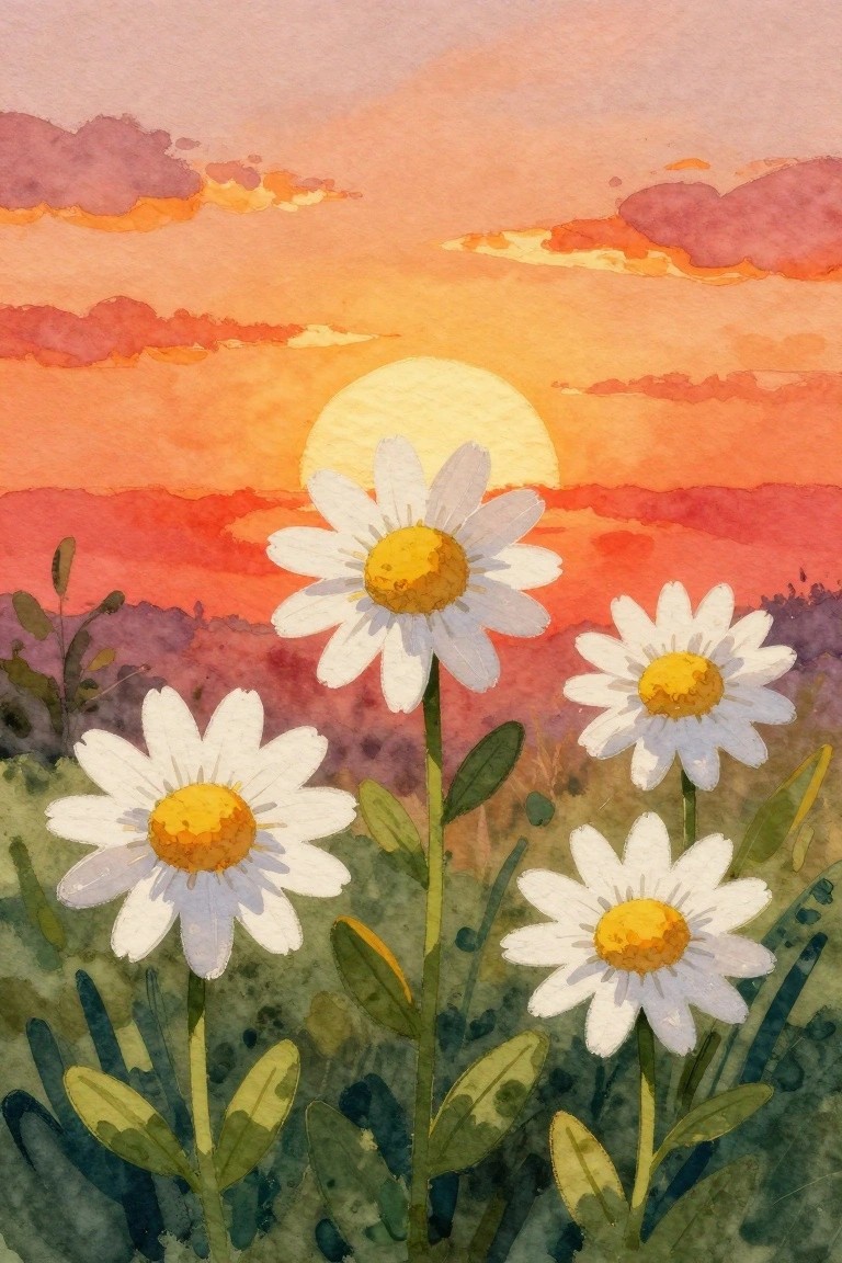 Watercolor daisies with yellow centers bloom before a vibrant orange-red sunset.