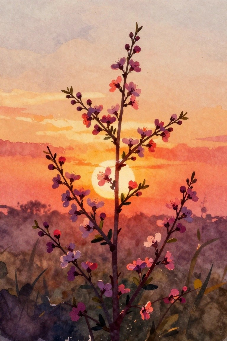 Watercolor of pink-blossomed branch silhouetted against vibrant orange sunset over hills.