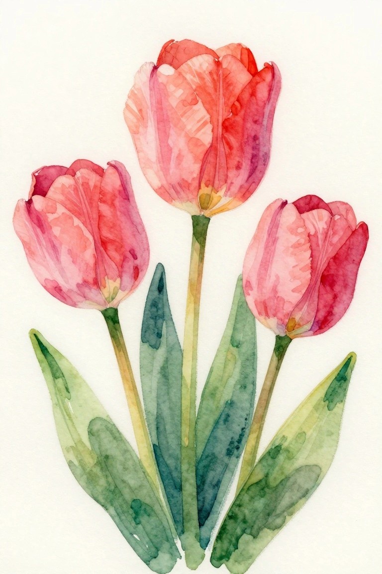 A watercolor painting of three pink and red tulips with green leaves on a white background.