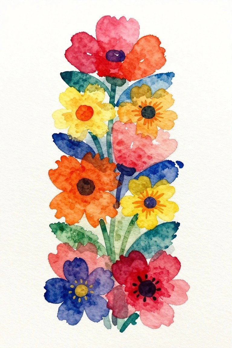 A tall vertical watercolor painting of assorted colorful flowers with green and blue leaves arranged in a stacked bouquet on white paper.