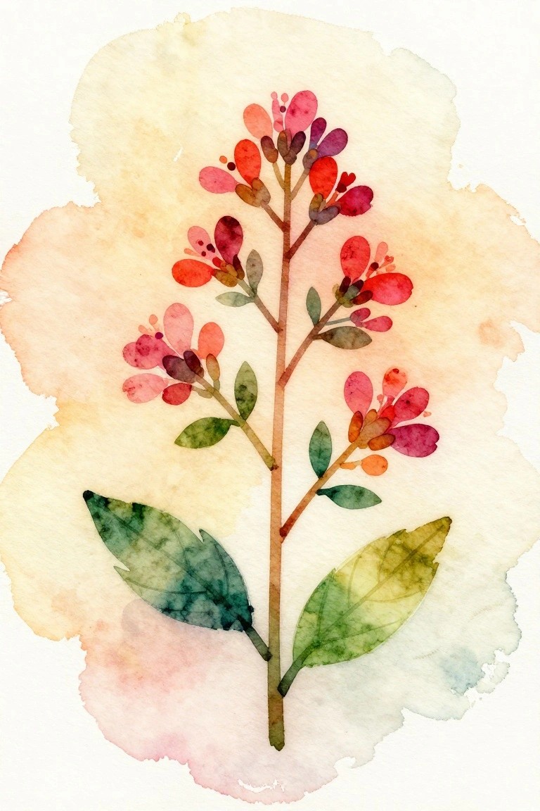 Watercolor plant with pink-red flowers, green-yellow leaves on soft peach background
