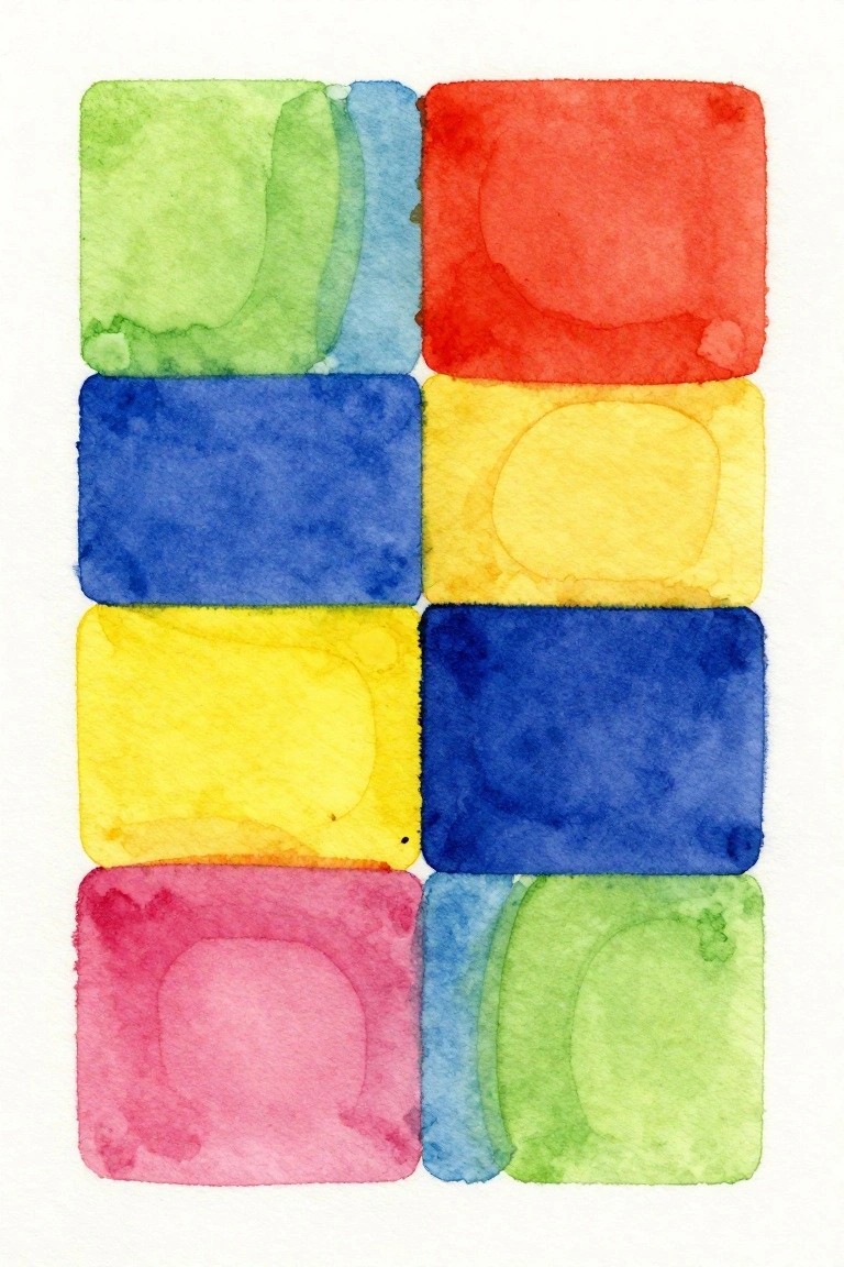 Colorful overlapping watercolor squares in green, blue, red, yellow, and pink.