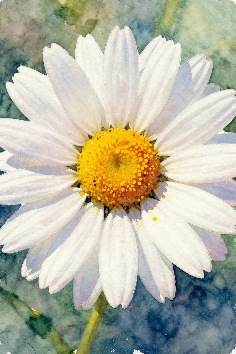 Watercolor close-up of white daisy with vibrant yellow-orange center and soft green background
