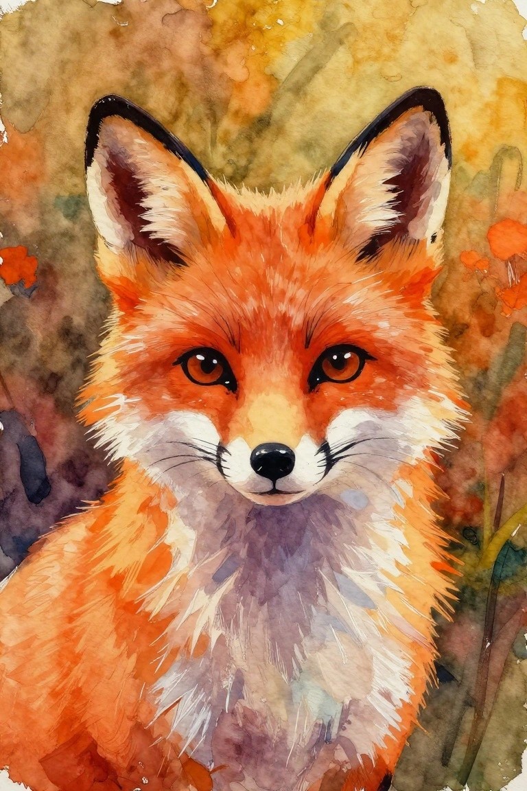 Watercolor close-up of a red fox with orange fur and alert brown eyes