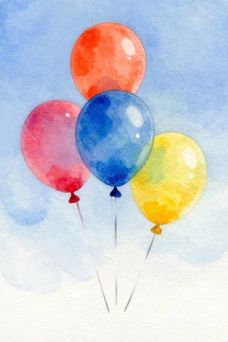 Watercolor painting of four vibrant balloons in red, blue, pink, and yellow floating in blue sky