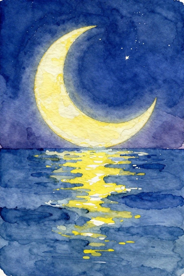 Yellow crescent moon with reflection on dark blue water under starry sky, watercolor
