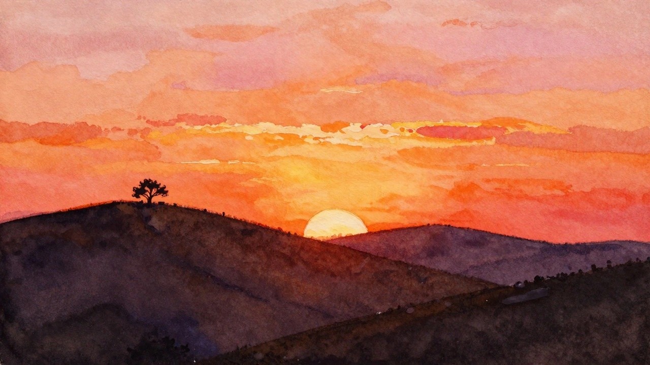 Watercolor sunset over rolling hills with silhouetted tree against vibrant orange-pink sky.