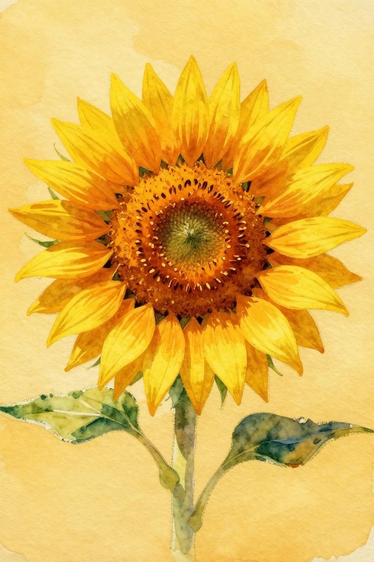 Watercolor painting of a yellow sunflower with brown center and green leaves.