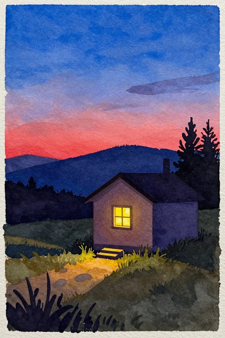 Watercolor of small cabin with glowing window at pink-blue sunset, mountains and trees beyond.
