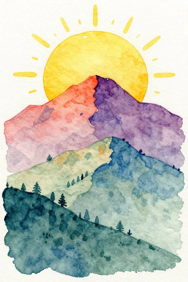 Watercolor mountains in red, purple, blue, and green under yellow sun with rays and pines.