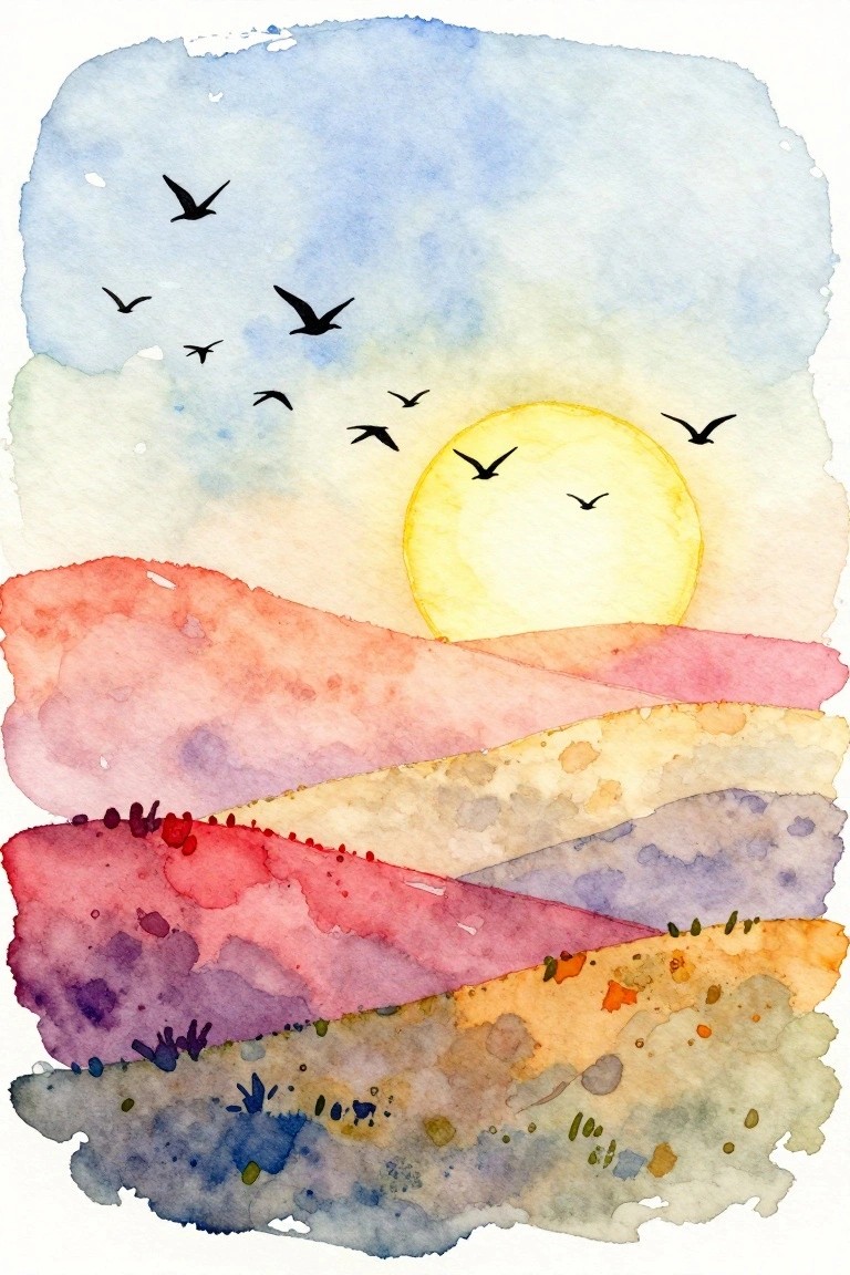 Watercolor sunset with yellow sun, flying birds, and layered pink-purple hills.