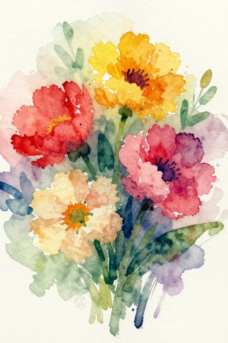 Vibrant watercolor bouquet of red, yellow, pink, and white flowers with green leaves.