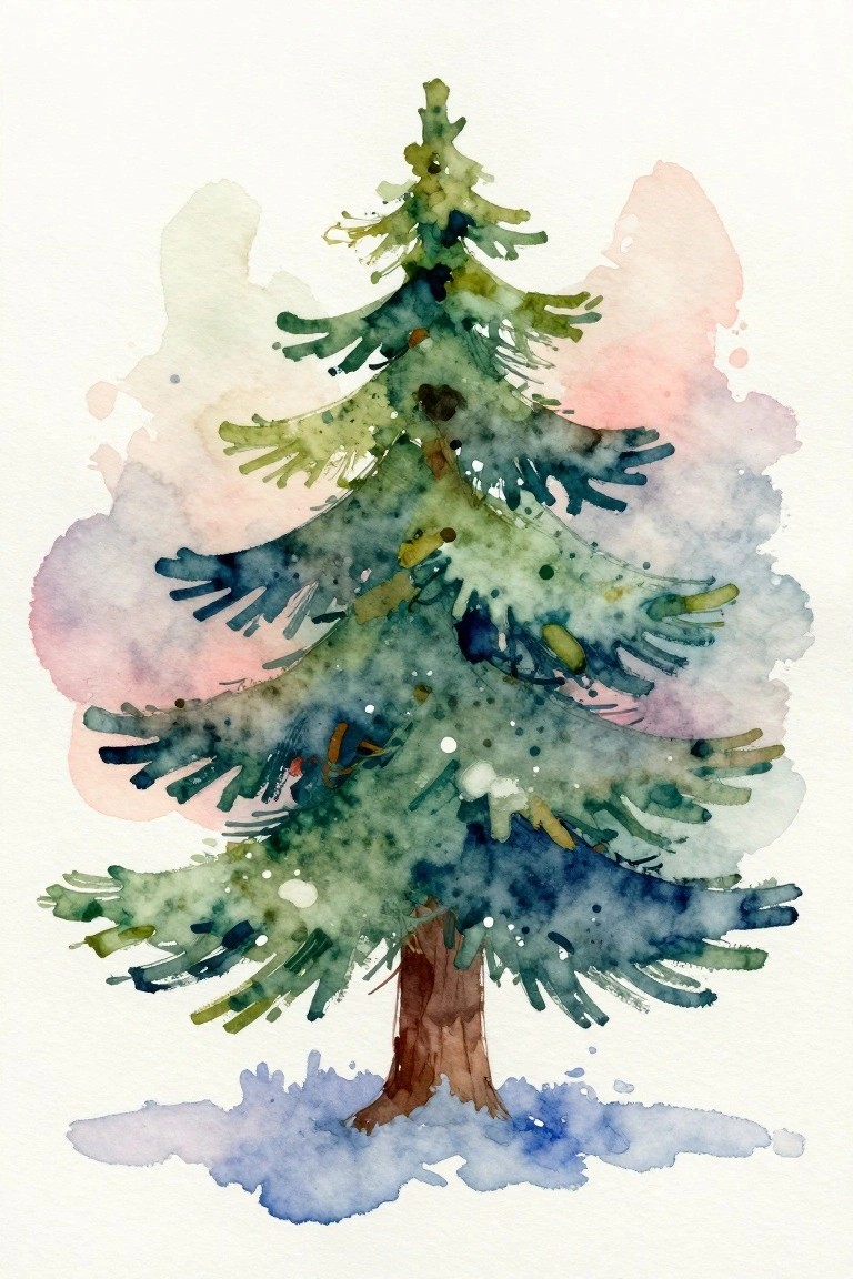 A watercolor painting of a pine tree with layered green and blue foliage, a brown trunk, and soft pink and blue background washes on white paper.