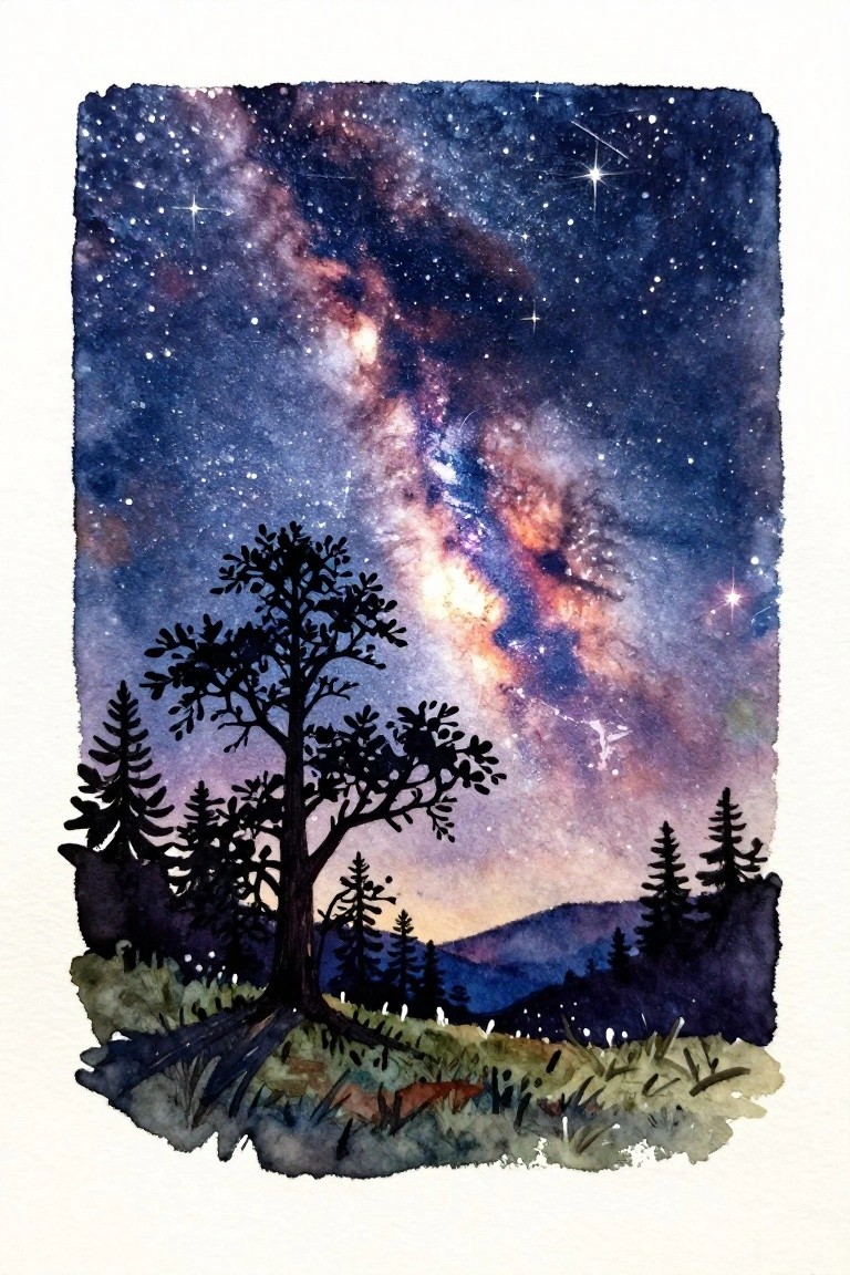 A watercolor painting of a colorful Milky Way night sky above silhouetted trees and hills.