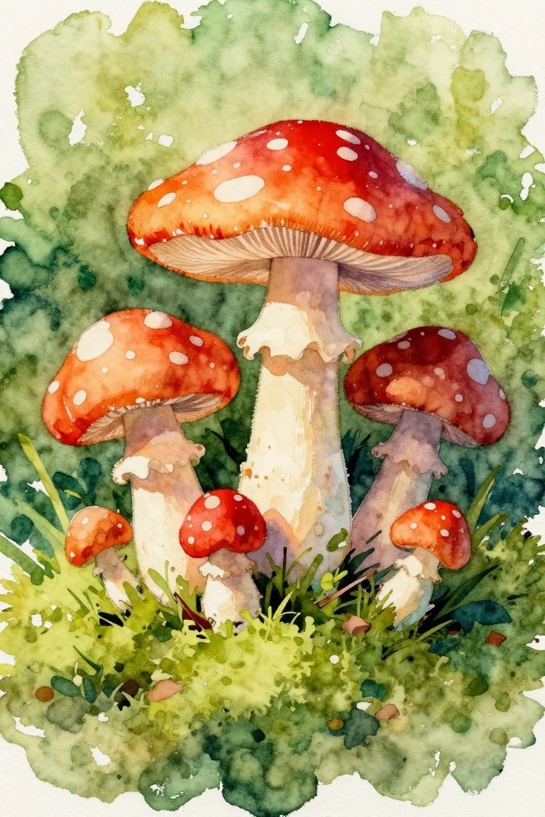 Watercolor of red mushrooms with white spots amid lush green foliage and grass