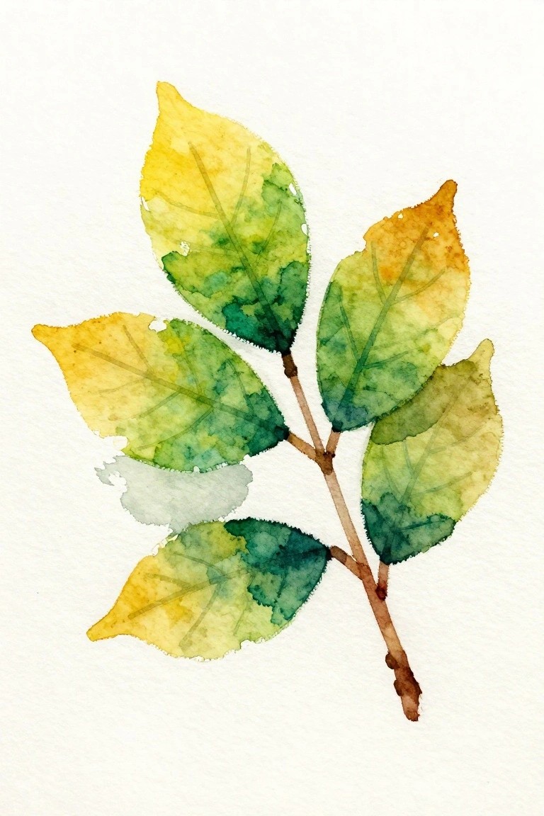 Watercolor branch with yellow, green, and brown leaves on white background