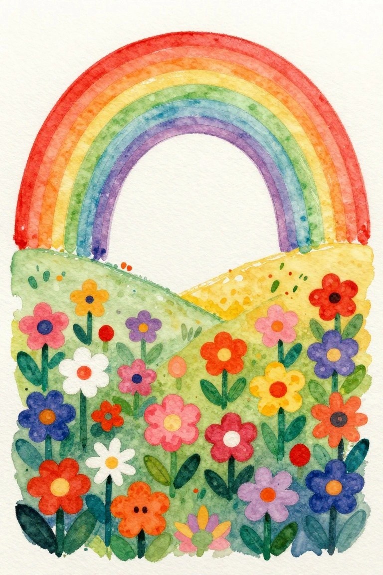 Watercolor rainbow over colorful flowers on rolling green and yellow hills