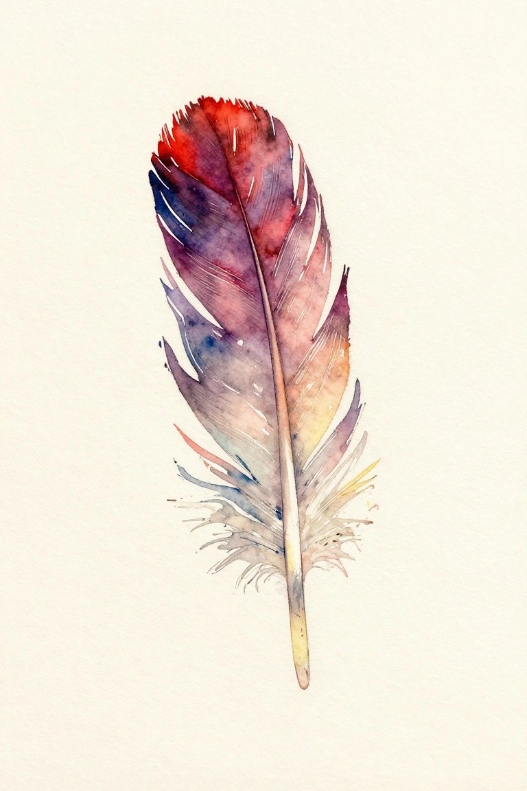 Watercolor feather with red, purple, blue, and orange hues on white background