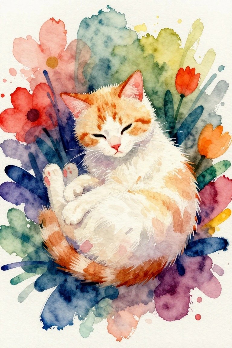Sleeping orange-white cat curled amid vibrant watercolor flowers and splashes