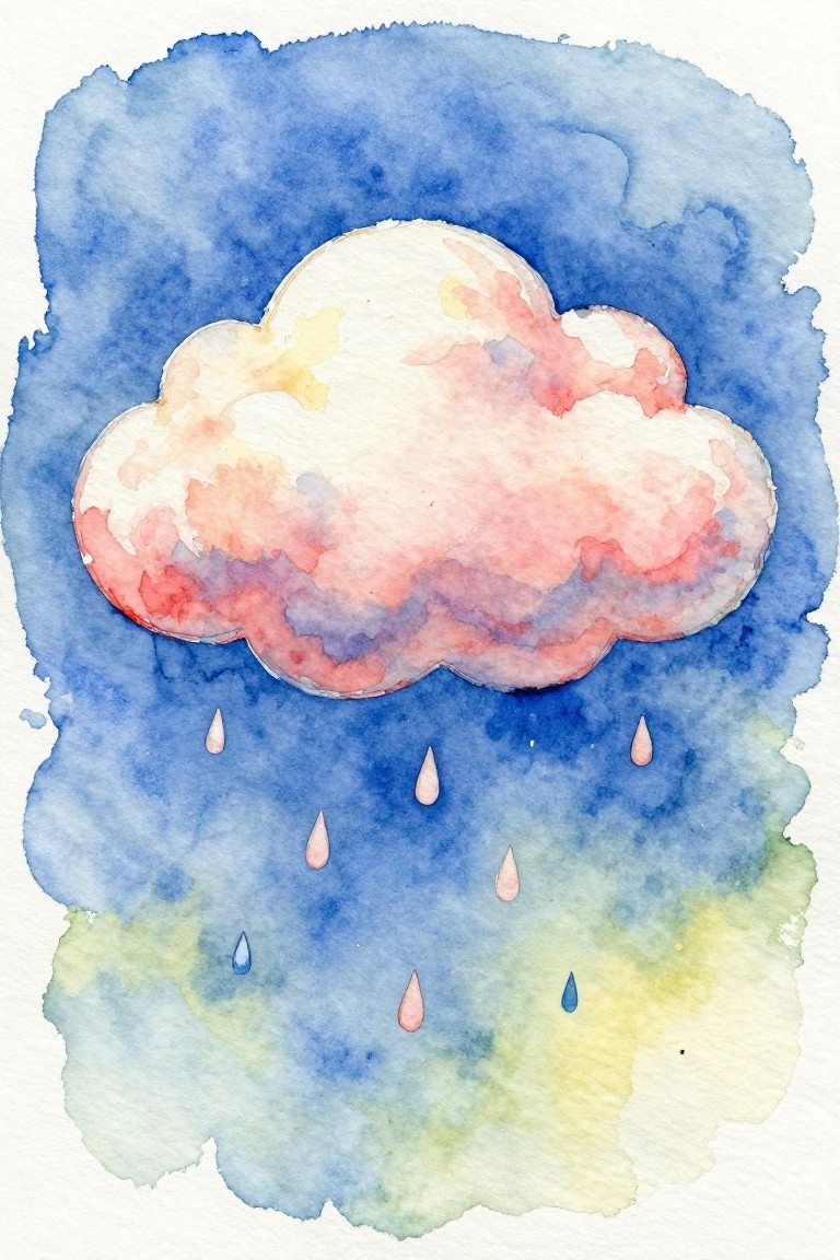 Watercolor cloud in pink and yellow hues with pink and blue raindrops falling.