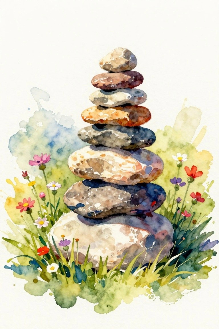 Watercolor painting of a stack of multicolored stones with wildflowers and grass around the base.