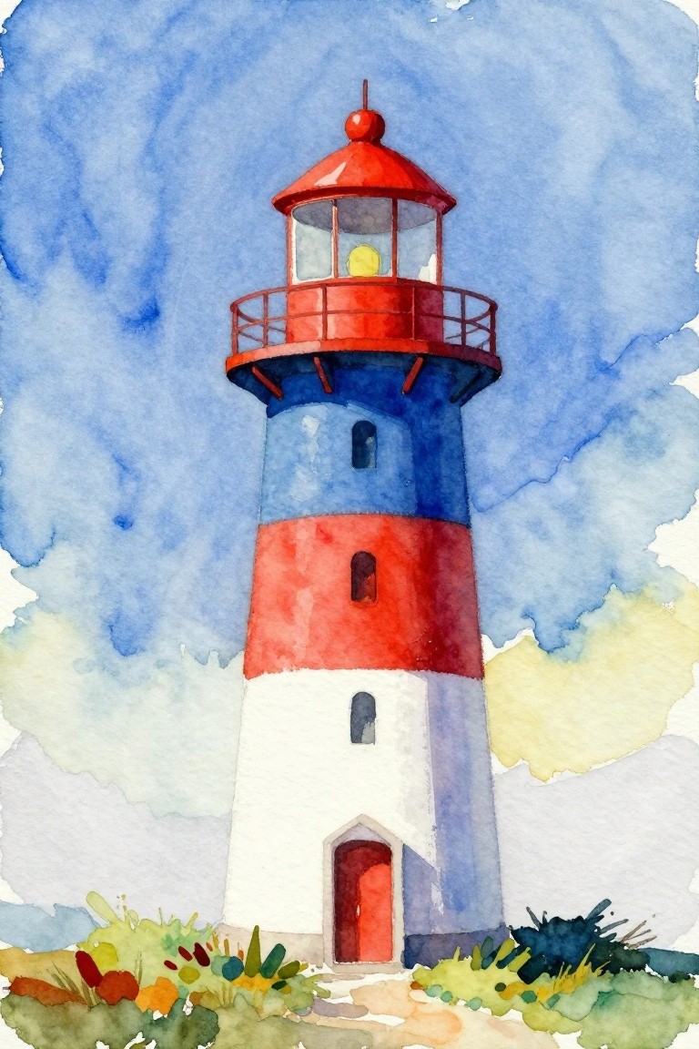Watercolor of red, white, and blue striped lighthouse with red lantern room amid greenery.