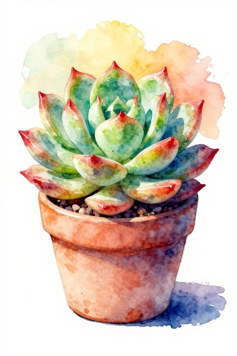 A watercolor painting of a green and red-tipped succulent in a terracotta pot with a soft multicolored wash behind it.