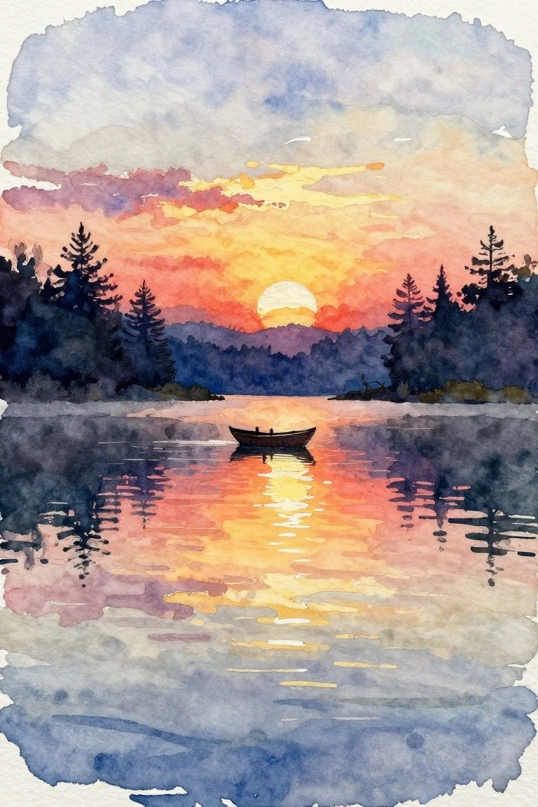 Watercolor sunset over calm lake with boat and pine tree silhouettes.
