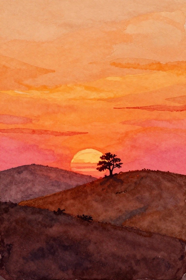 Watercolor sunset over rolling hills with silhouetted tree against vibrant orange-pink sky.
