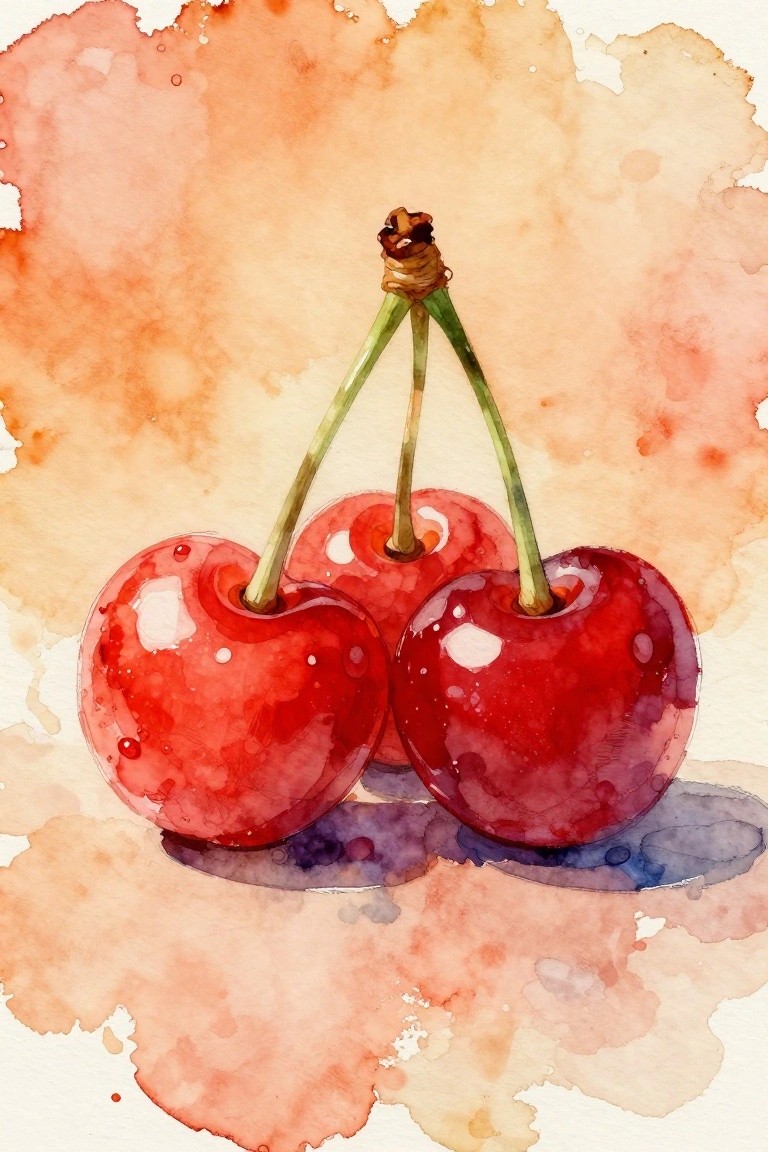 Three glossy red cherries with green stems in vibrant watercolor on orange background
