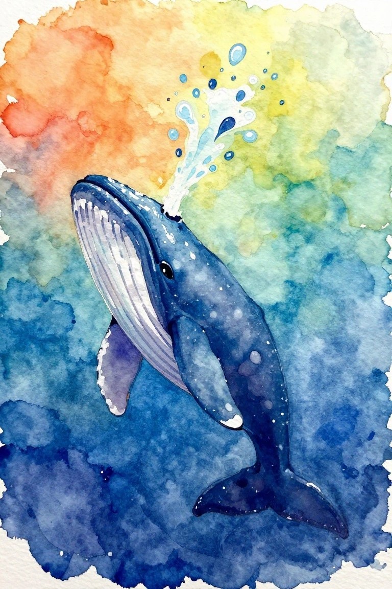 Watercolor painting of blue whale spouting water amid vibrant abstract washes