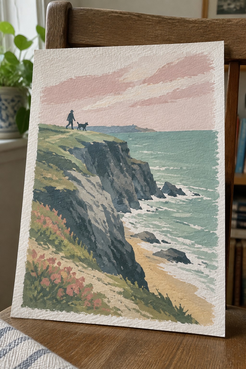 A gouache painting shows a person walking a dog along a grassy cliff above a rocky beach and ocean under a pink sky.