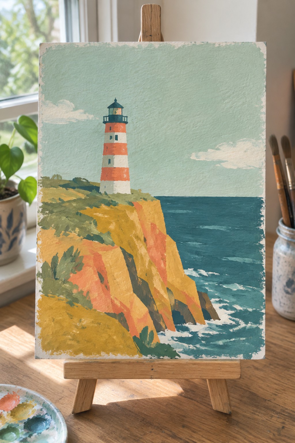 Easel displays painting of striped lighthouse on yellow cliffs by blue ocean waves.