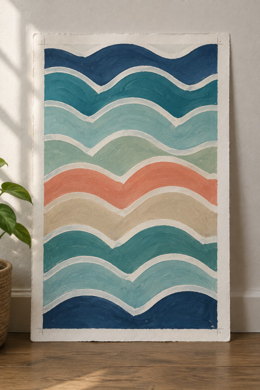 Abstract painting of wavy horizontal stripes in blues, teal, coral, green, and beige.