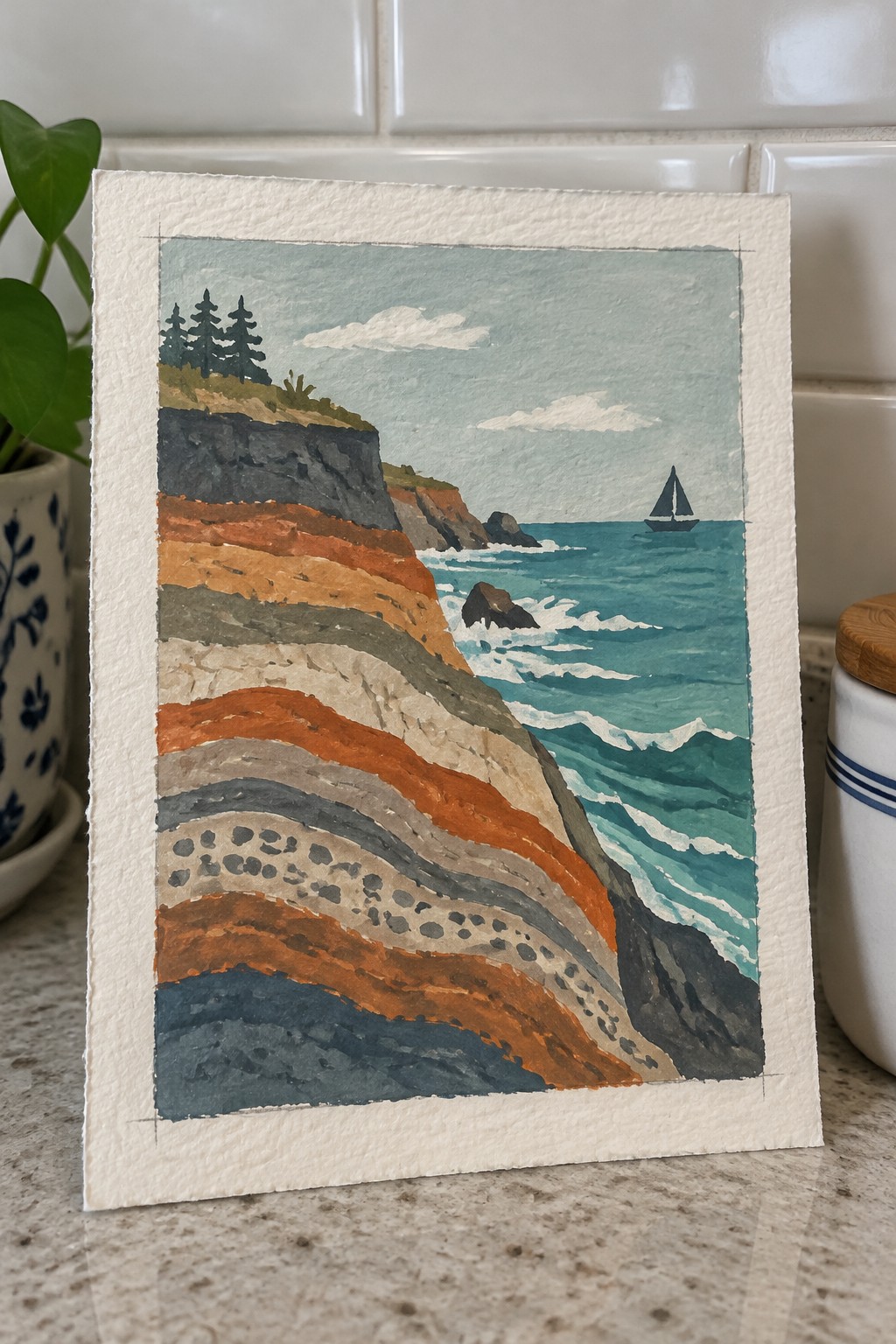 Watercolor of colorful layered cliffs beside turquoise waves with a sailboat