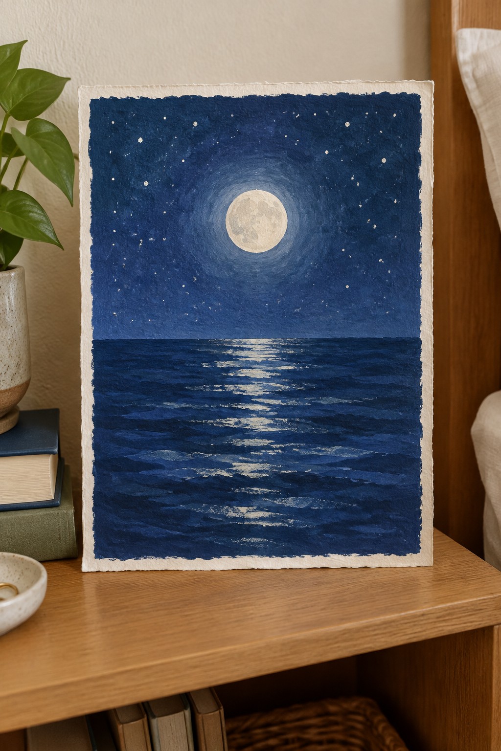 Moonlit ocean painting with full moon glowing over dark blue starry waves