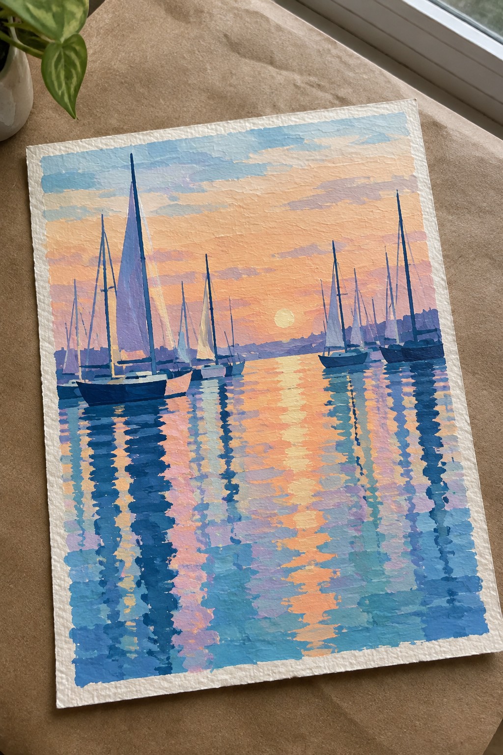 Watercolor of sailboats on reflective water under vibrant orange-pink sunset sky