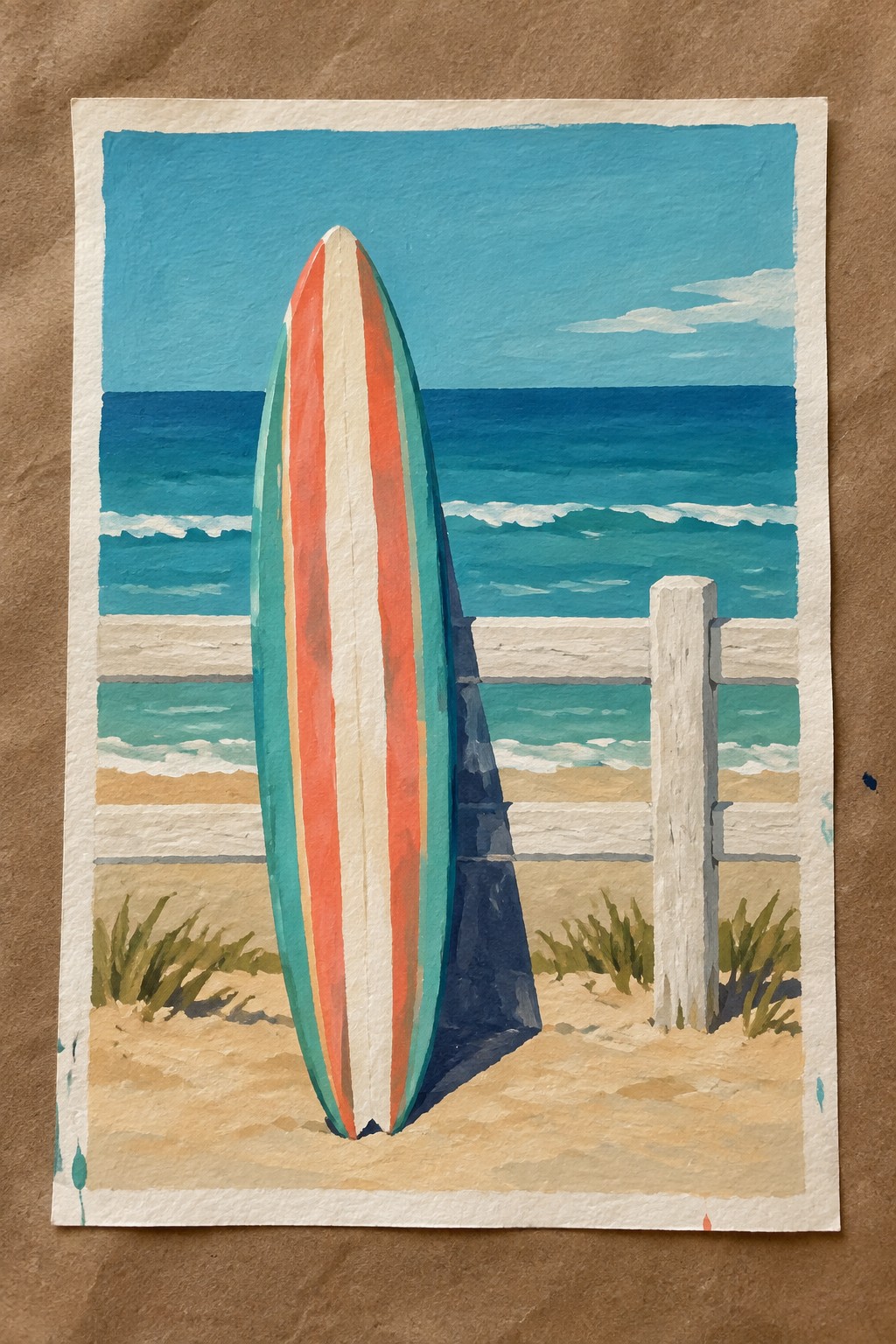 Striped red teal surfboard upright on sandy beach by white fence and ocean