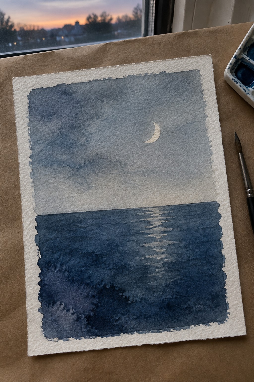 Watercolor painting of crescent moon reflected in dark blue sea, palette and brush nearby