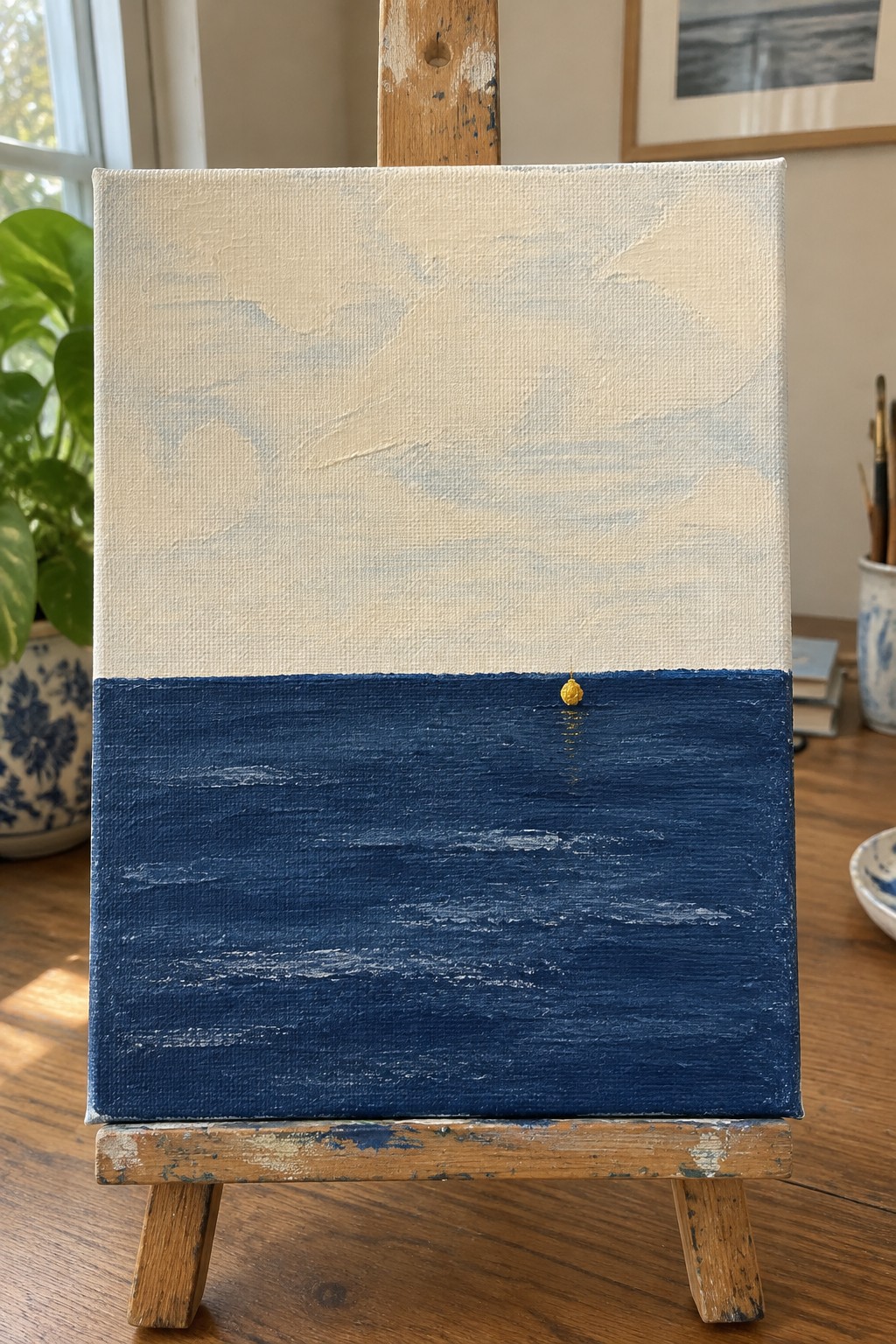 Minimalist canvas on easel showing blue sea, pale sky, and tiny yellow sun.