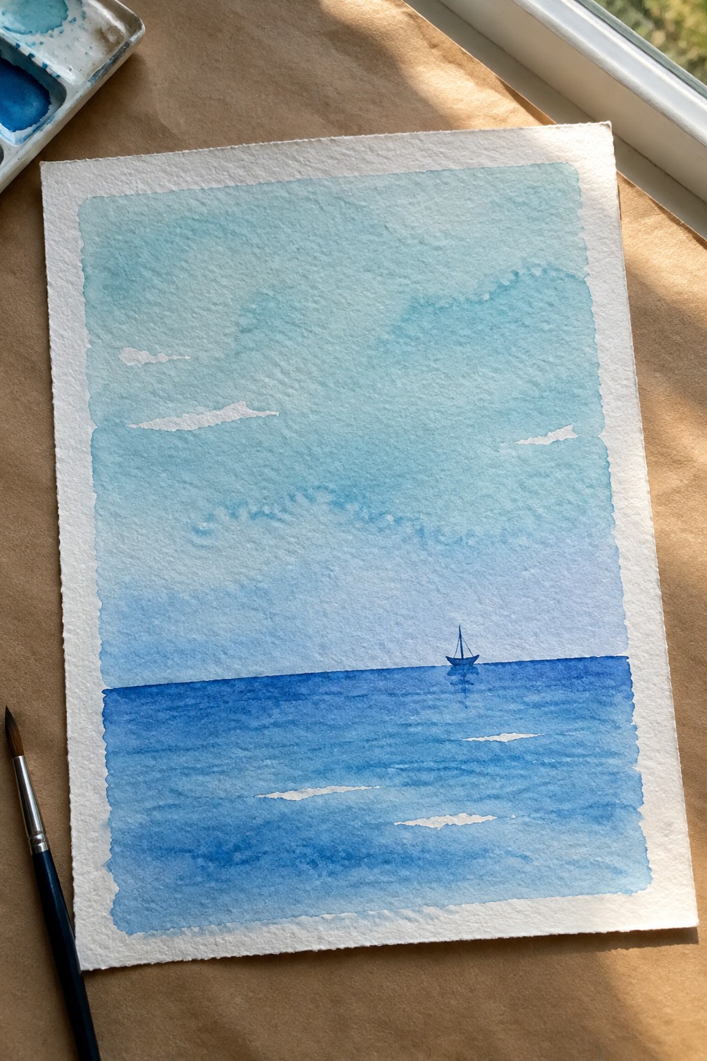 Watercolor seascape with small sailboat on blue ocean under cloudy sky, brush and palette nearby