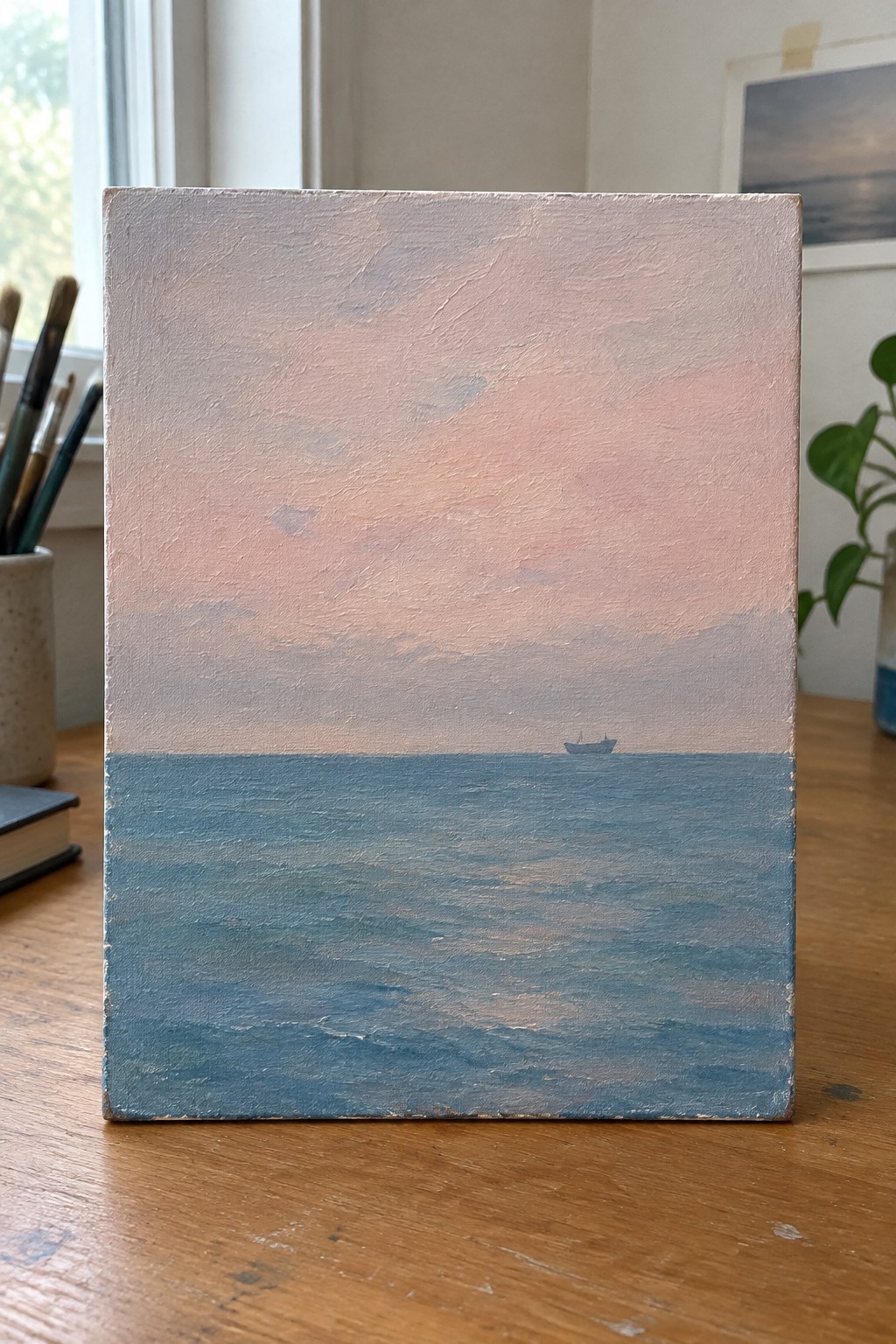 Impressionistic canvas painting of pink sky over blue sea with distant boat on wooden table